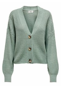 Cárdigan de punto en verde menta con escote en V, tres botones grandes y puños acanalados. Tejido texturizado con un ajuste relajado.