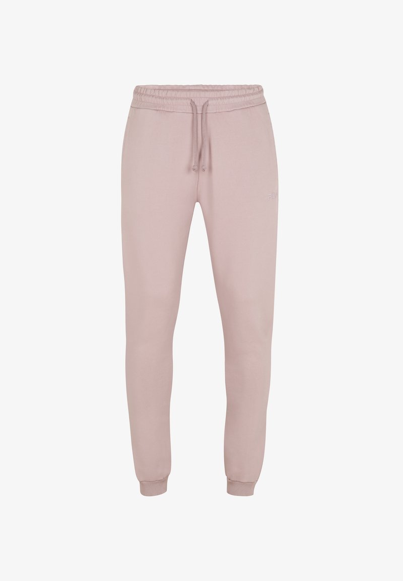 Pantaloni della tuta rosa realizzati in tessuto morbido, con vita regolabile tramite cordino, gambe affusolate e un logo discreto sulla parte frontale.
