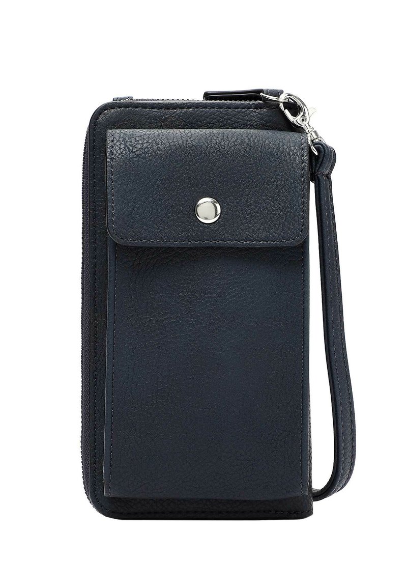 Navy leather wallet with zip closure, front snap pocket, wrist strap, and textured finish. Compact rectangular shape with silver hardware accents.