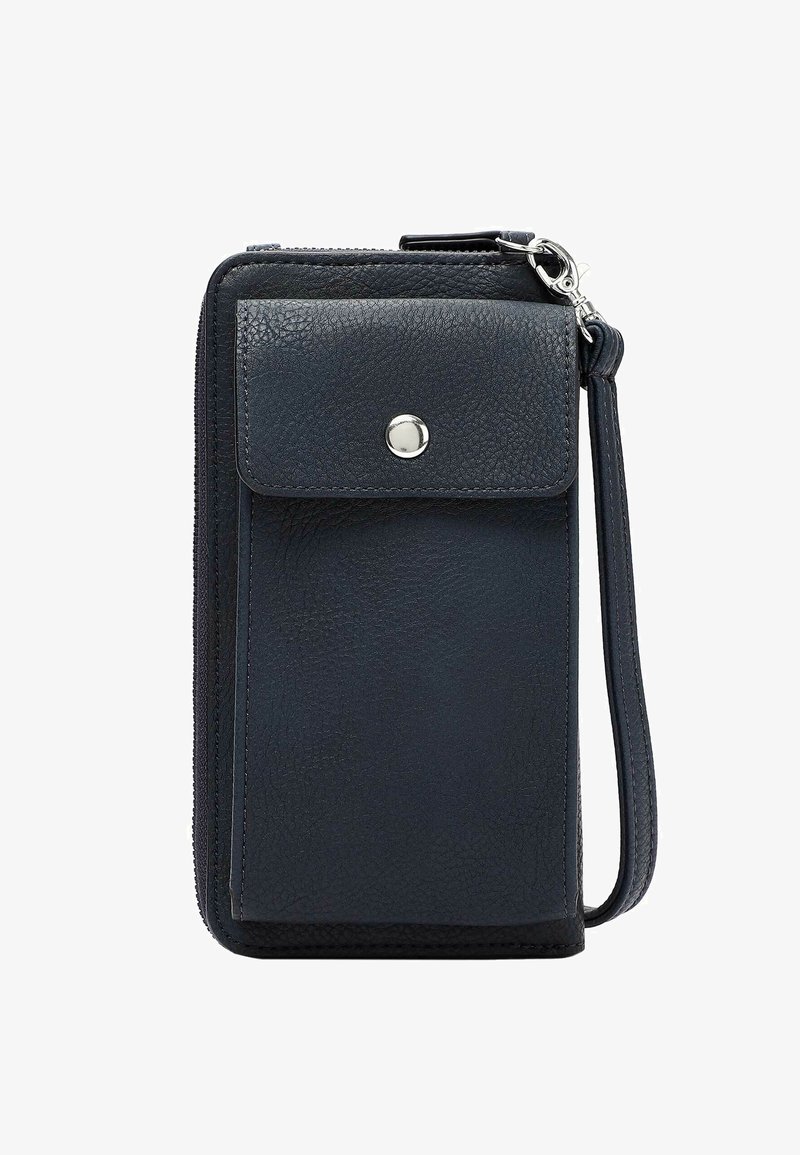 Portefeuille en cuir marine avec fermeture éclair, poche avant à pression, bandoulière, et finition texturée. Forme rectangulaire compacte avec des accents en métal argenté.