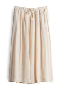 Jupe midi beige clair avec taille élastique et cordon de serrage, tissu fluide, sans motifs ni ornements, suspendue à plat sur fond blanc.