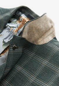 Giacca a quadri verde in tessuto con colletto in feltro beige morbido, dotata di una fodera interna decorata con motivi floreali e tigri.