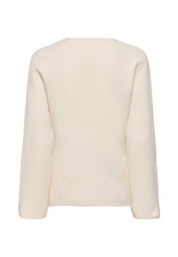 Pull à manches longues couleur crème avec une texture simple et lisse, vu de dos sur un fond blanc.