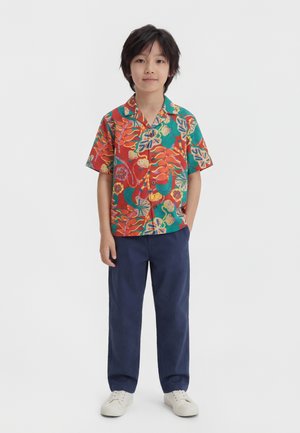 Παιδί με μαύρα μαλλιά, που φοράει κόκκινο και πράσινο φλοράλ πουκάμισο με κοντά μανίκια και κουμπιά, ναυτικό μπλε παντελόνι και λευκά αθλητικά παπούτσια, όρθιο με τα χέρια στις τσέπες.