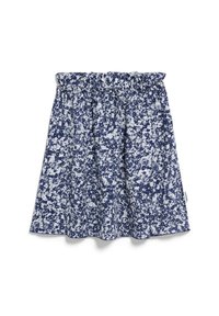 Blue and white patterned skirt with an elastic waistband. Material appears lightweight with a flowing design and a slightly ruffled hemline.