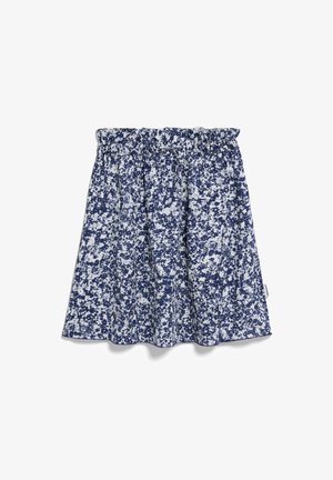 Blauwe en witte gestreepte rok met een elastische tailleband. Het materiaal lijkt lichtgewicht met een vloeiende uitstraling en een iets gerimpelde zoom.