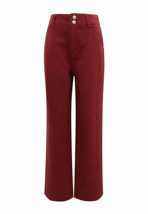 Bordeauxfarbene, weit geschnittene Jeanshose mit hoher Taille, zwei silbernen Knopfverschlüssen und einer schlichten Vorderseite ohne Taschen.