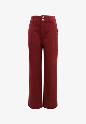 Bordeauxfarbene, weit geschnittene Jeanshose mit hoher Taille, zwei silbernen Knopfverschlüssen und einer schlichten Vorderseite ohne Taschen.
