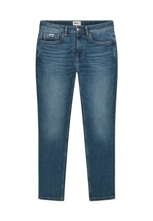 Jeans in denim blu con taglio dritto, dotati di tasche anteriori, una piccola etichetta logo e un classico design a cinque tasche.