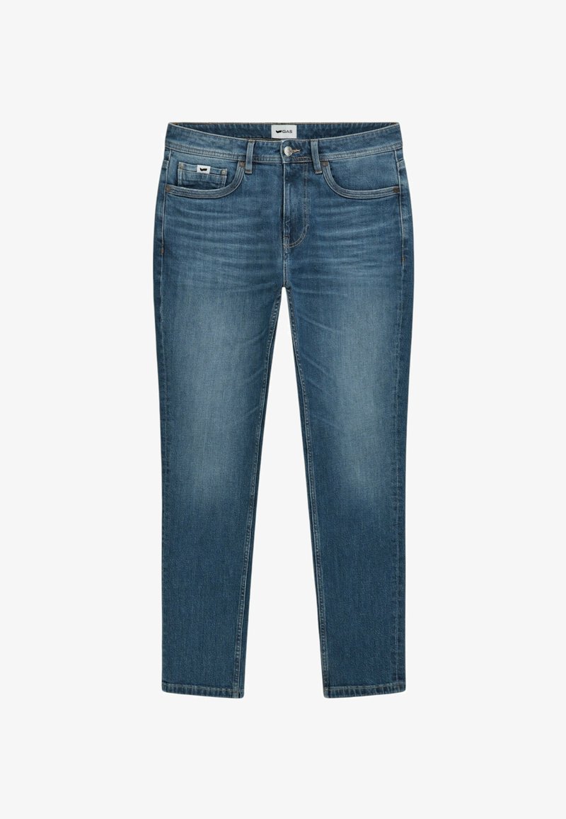 Jeans in denim blu con taglio dritto, dotati di tasche anteriori, una piccola etichetta logo e un classico design a cinque tasche.