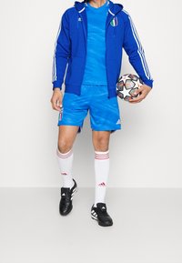 Veste et chemise Adidas bleues, short bleu, chaussettes blanches avec des rayures rouges, chaussures de foot noires, tenant un ballon de soccer à motifs.