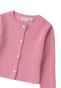 Cardigan rosa chiaro realizzato in tessuto a maglia, con scollatura rotonda, tre bottoni floreali, orlo testurizzato e polsini a coste.