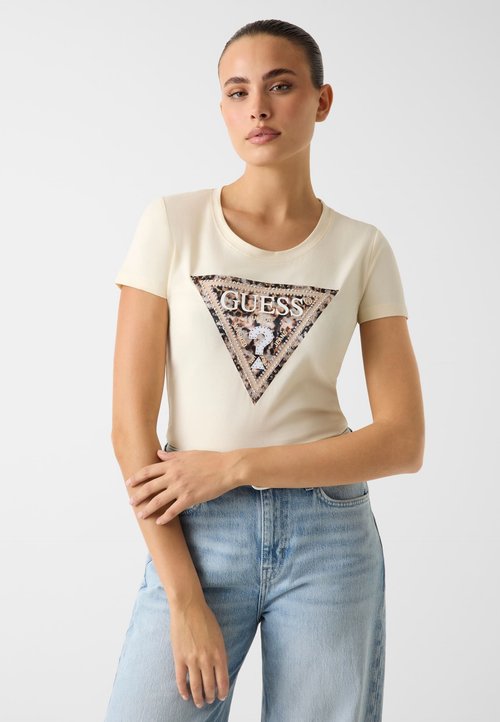Guess MIT DREIECKSLOGO - Tricou cu imprimeu - mehrfarbig beige