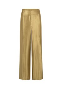 Gouden brede broek gemaakt van een glanzende, soepele stof met een hoge taille. Beschikt over een strak ontwerp en geen zichtbare sluitingen of patronen.
