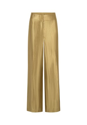 Goldene weite Hosen aus einem glänzenden, glatten Stoff mit hoher Taille. Sie haben ein schlichtes Design ohne sichtbare Verschlüsse oder Muster.