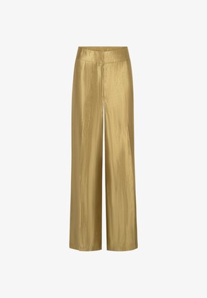 Goldene weite Hosen aus einem glänzenden, glatten Stoff mit hoher Taille. Sie haben ein schlichtes Design ohne sichtbare Verschlüsse oder Muster.