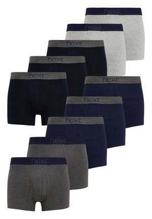 Dix paires de boxers présentant un mélange de tissus en bleu marine foncé, gris et gris clair. Chacun a une bande de taille contrastante avec le logo "next".
