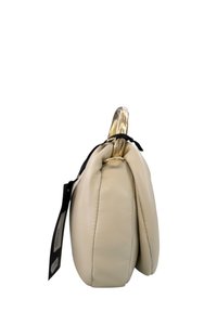 Borsa a mano in pelle beige pallido con una cornice dorata lucida, caratterizzata da un accento in nastro nero. Corpo morbido e texture, con bordi arrotondati.