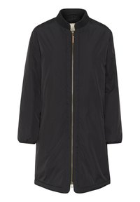 Schwarze, leichte Jacke mit ribbeltem Kragen, Reißverschluss, langen Ärmeln und Seitentaschen. Aus einem glatten, wasserabweisenden Material.