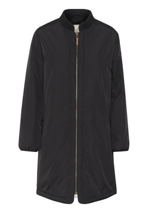 Black, lightweight jacket with a ribbed collar, zip closure, long sleeves, and side pockets. Features a smooth, water-resistant material.