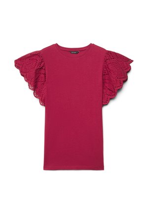 Haut court à manches courtes de couleur rose foncé avec un col rond et de grandes manches en dentelle festonnée arborant des motifs ajourés complexes.