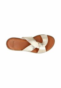 Metallic gold cross-strap sandal with a smooth texture, brown footbed, and flexible outsole, featuring a rounded silhouette and minimal design.