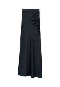 Sorte, satin maxi skjørt med rynket sidemen detalj og elastisk midje. Jevn tekstur og flytende design.