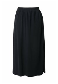Zwarte knielange rok van zacht materiaal. Voorzien van een elastische tailleband en een zijsplit, wat zorgt voor een soepele, vloeiende silhoeet.