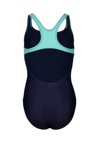 Costume da bagno intero blu navy con un'apertura leggera in aqua e design a schiena scoperta. Tessuto liscio e materiale resistente per il massimo comfort.