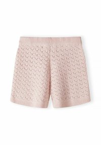 Shorts tricotés rose clair avec un motif en losange texturé et une ceinture et des ourlets côtelés.