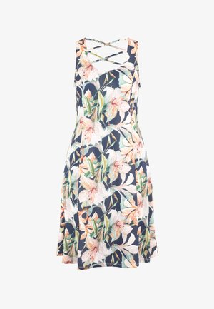 Gėlių suknelė su tamsiai mėlynu fonu, puošni didelėmis rožinėmis ir žaliosiomis gėlėmis, minkšta medžiaga, be rankovių dizainas ir kryžminės nugaros dirželiai.