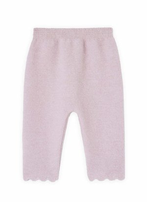 Pantalons tricotés rose pâle avec une finition texturée, ceinture élastique et ourlet à volants. Pas de poches visibles. Design simple pour le confort.