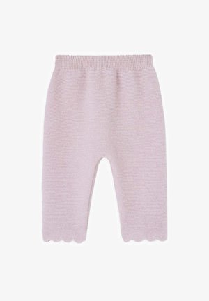 Pantalons tricotés rose pâle avec une finition texturée, ceinture élastique et ourlet à volants. Pas de poches visibles. Design simple pour le confort.