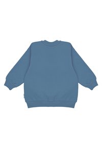 Niebieska bluza z długimi rękawami, okrągłym dekoltem i ściągaczami na mankietach. Miękka faktura tkaniny i prosty, jednolity kolor.