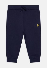 Marine joggers met een aansnoerbare taille, ribbels aan de boorden en een geborduurd geel logo op de linker bovenbeen. Gemaakt van zachte, gestructureerde stof.