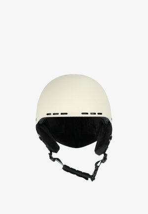 Valkoinen hiihtokypärä, jossa on sileä pinta, pyöreä muoto, säädettävä leukahihna ja musta sisävuori. Sivuilta näkyvät ilmanottoaukot.