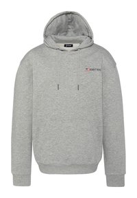 Grauer Kapuzenpullover aus weichem Stoff, mit einer Fronttasche, Zugbändern und einem Logo auf der Brust mit roten, blauen und weißen Akzenten.