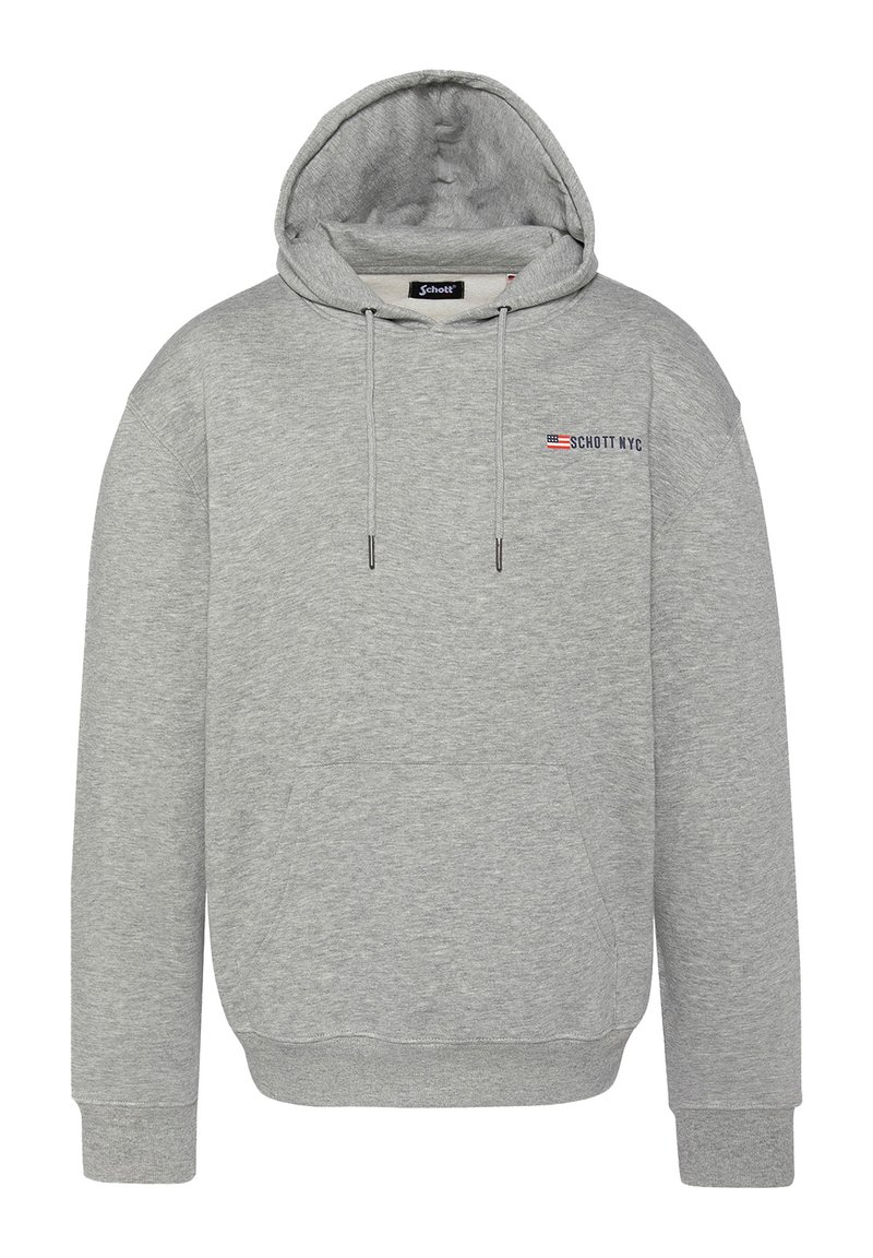 Grauer Kapuzenpullover aus weichem Stoff, mit einer Fronttasche, Zugbändern und einem Logo auf der Brust mit roten, blauen und weißen Akzenten.