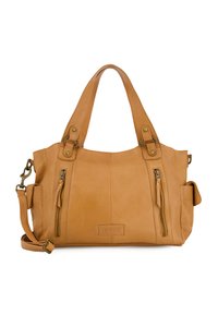 Taschenhandtasche aus braunem Leder mit zwei Obergriffen, abnehmbarem Schultergurt, vorderen Reißverschlusstaschen und einer strukturierten Oberfläche. Verfügt über Hardware-Details.