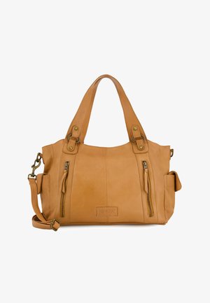 Sac à main en cuir tan avec deux poignées supérieures, une bandoulière amovible, des poches zippées à l'avant et une finition texturée. Présente des accents en métal.