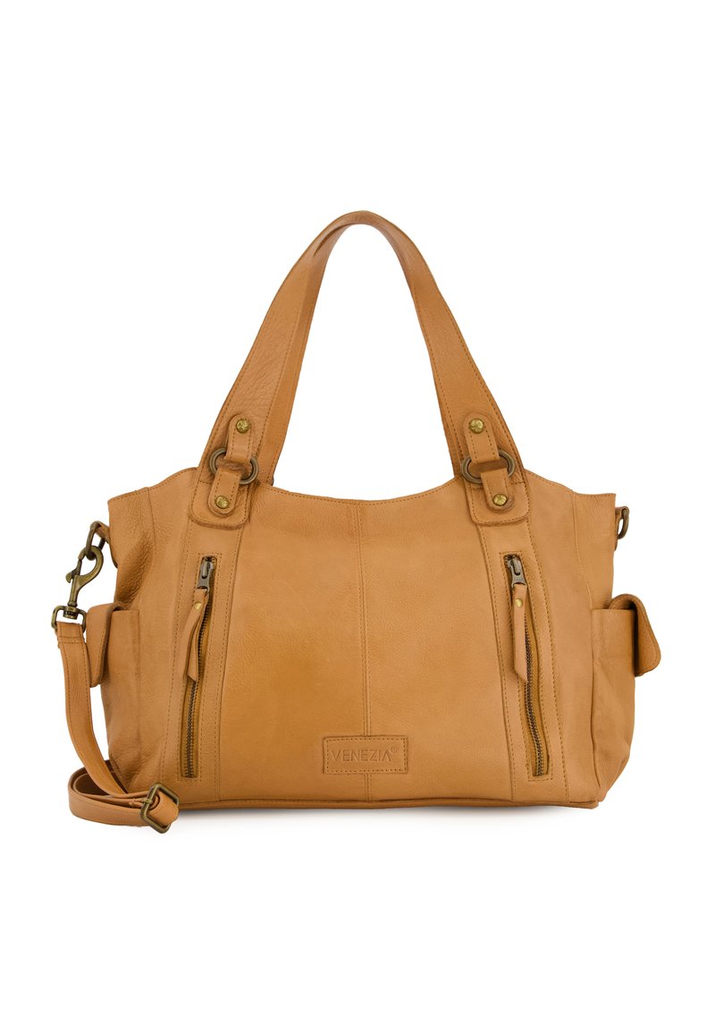 Taschenhandtasche aus braunem Leder mit zwei Obergriffen, abnehmbarem Schultergurt, vorderen Reißverschlusstaschen und einer strukturierten Oberfläche. Verfügt über Hardware-Details.