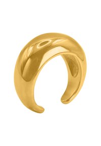 Anello d'oro con una finitura liscia e lucida. Design curvo e aperto senza chiusura visibile. Superficie riflettente con bordi senza giunture.