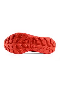 Suola di scarpa in gomma rossa con un motivo a scanalature profondo per una migliore trazione, con una superficie testurizzata e un logo impresso nel materiale.