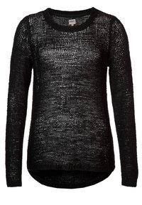 Schwarzer gestrickter Pullover mit lockerem Schnitt, langen Ärmeln, rundem Ausschnitt und offenem Strickmuster. Verfügt über einen leicht geschwungenen Saum und gerippte Bündchen.