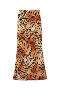 Gonna leggera e lunga fino al pavimento, in una sfumatura di beige, arancione e nero. Presenta un motivo a strisce di tigre e una texture del tessuto liscia.