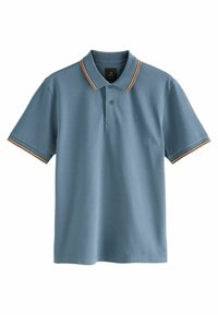 Lyseblå polo-shirt lavet af bomuld med en tre-knap lukning og kontraststriber på kraven og ærmerne.