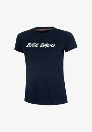 Maglietta blu navy a maniche corte con collo rotondo, con la scritta bianca "BIDI BADU" stampata sul petto.