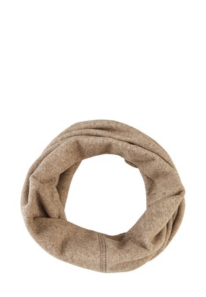 Beige, gestrickter Infinity-Schal aus weichem, strukturierter Stoff mit nahtlosem Design und leicht meliertem Erscheinungsbild.