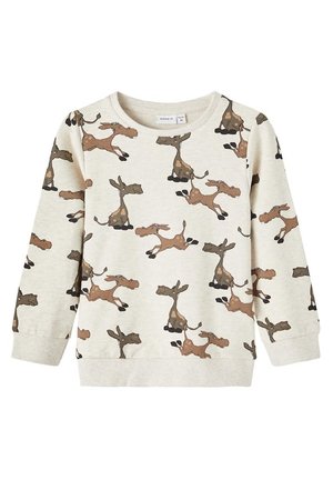 Felpa color crema in tessuto morbido con un motivo giocoso di asinelli da cartone animato marroni e grigi che corrono. Girocollo e polsini a coste.
