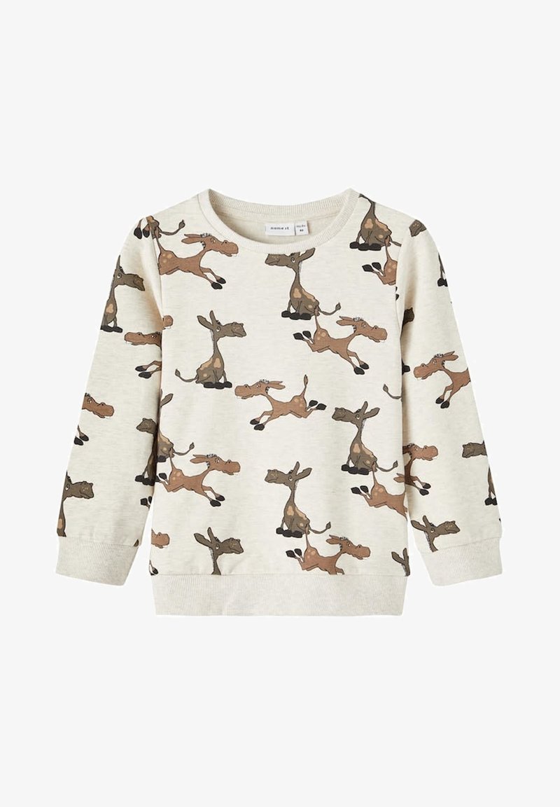 Sweat-shirt couleur crème en tissu doux avec un motif ludique de petits ânes cartoon marron et gris en train de courir. Col rond et poignets côtelés.